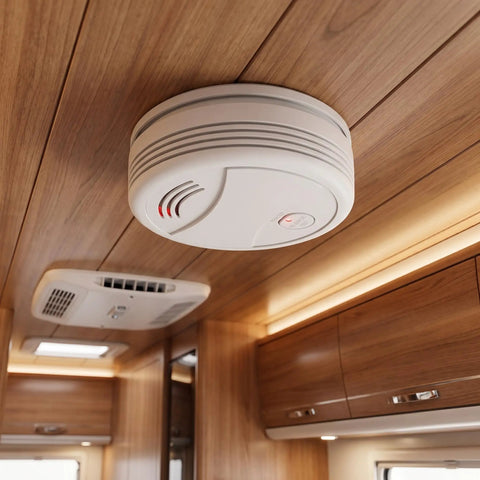 Indoor Photoelectric Battery Powered Safety Detector With Test Mute And Low Power Indicator, Easy Install Home Monitoring For Smoldering Fires, Quiet Alarm, 4 Pack installed on a wood ceiling