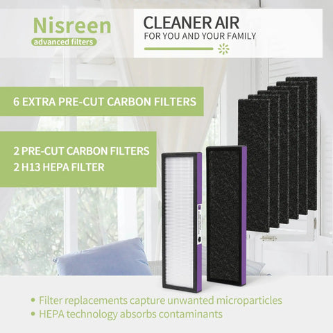 FLT5250PT Replacement Filter For GermGuardian Pet HEPA Air Purifier showing 2 HEPA and 6 pre-filters in a room setup