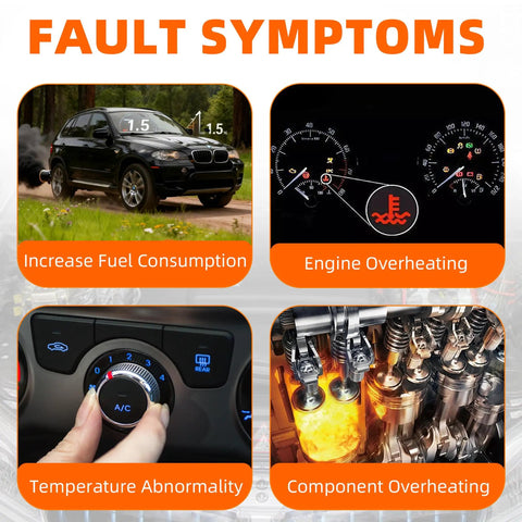 Fault symptoms for BMW X5 and X6 showing increase fuel consumption, engine overheating, temperature abnormality, and component overheating.
