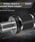 Close-up of 3/4 Weldon Shank to 1/2 inch 20 UNF Threaded Drill Chuck Adapter, precision machined iron tough construction.