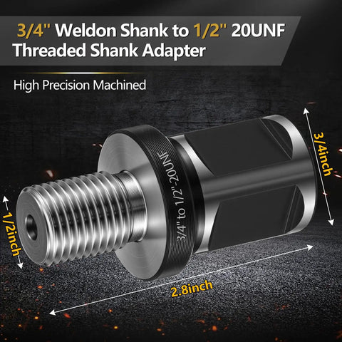 Close-up of 3/4 Weldon Shank to 1/2 inch 20 UNF Threaded Drill Chuck Adapter, precision machined iron tough construction.