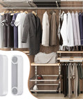 Closet with hanging clothes and wire shelves, inset shows 4 Pack Plastic Rod Spacer Caps For Closet Rods And Wire Shelves End Caps