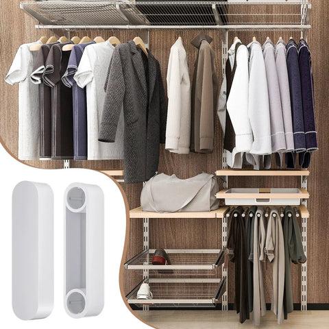 Closet with hanging clothes and wire shelves, inset shows 4 Pack Plastic Rod Spacer Caps For Closet Rods And Wire Shelves End Caps