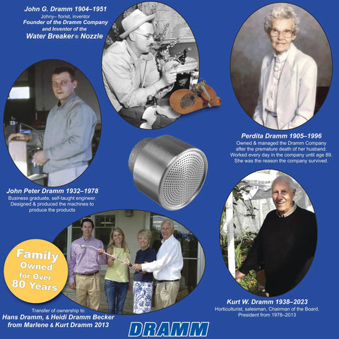 Collage of Dramm family members, company history, and products, featuring John G. Dramm and Water Breakers Nozzle.