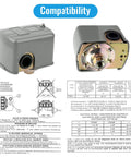 Well Pump Pressure Switch With Adjustable Differential 30 To 50 Psi, 1/4 Inch NPT, showing compatibility charts and diagrams