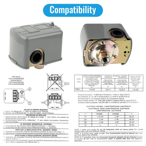 Well Pump Pressure Switch With Adjustable Differential 30 To 50 Psi, 1/4 Inch NPT, showing compatibility charts and diagrams