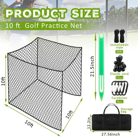 Diagram of 10 Ft Golf Practice Net For Indoor Outdoor Backyard Driving Range Vibes, includes net, tools, and storage bag.