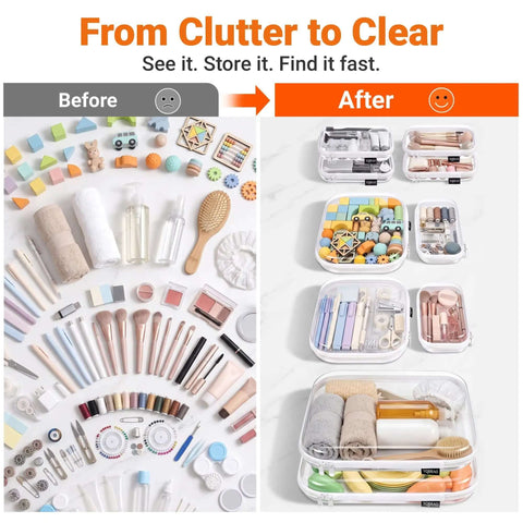 Image of Clear Hard Shell Zipper Case Set For Diaper Bag Organization, showcasing organized items in six sizes within tough white pouches.
