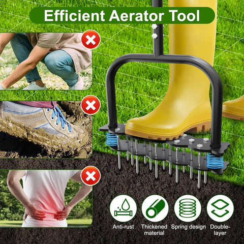 Heavy Duty Manual Lawn Aerator Tool With Fourteen Iron Spikes For Quick Soil Aeration In Your Yard And Garden, Time Saving Lawn Care Gear in use