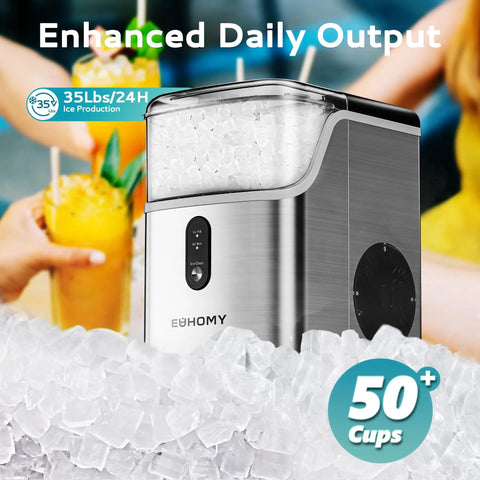 Countertop Nugget Ice Maker With Self Cleaning Function, Sonic Pebble Ice Machine, Stainless Steel Silver, with ice cubes