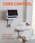 Ultra Wide Outlet Shelf With Built In Cord Storage Delivers Huge Space For Bulky Plugs And Big Devices Like Smart Speakers and Routers, Next Gen Design for Standard and Decora Outlets, Holds Up To 5 Lbs, Quick Install With Included Hardware shown in use with tablet and cord management