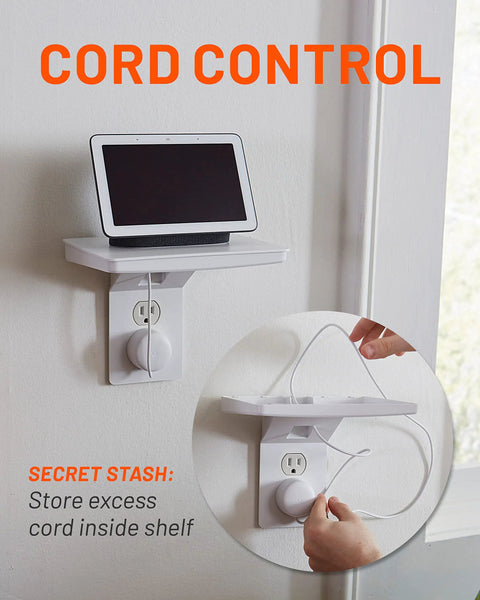 Ultra Wide Outlet Shelf With Built In Cord Storage Delivers Huge Space For Bulky Plugs And Big Devices Like Smart Speakers and Routers, Next Gen Design for Standard and Decora Outlets, Holds Up To 5 Lbs, Quick Install With Included Hardware shown in use with tablet and cord management