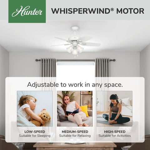 42 Inch Indoor Ceiling Fan With LED Lights And Pull Chain White Five Blade Ceiling Fan For Cozy Bedroom Or Living Room Standard Mount No Remote Includes Bulbs Whisper Quiet Motor For Ultra Powerful Airflow And Low Noise shown mounted on ceiling in bright modern room with large window and curtains.