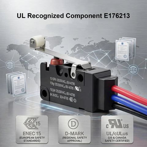 Heavy Duty IP67 Waterproof Micro Switch UL Recognized Component 10 Amp High Current Limit Switch with roller lever and wires.