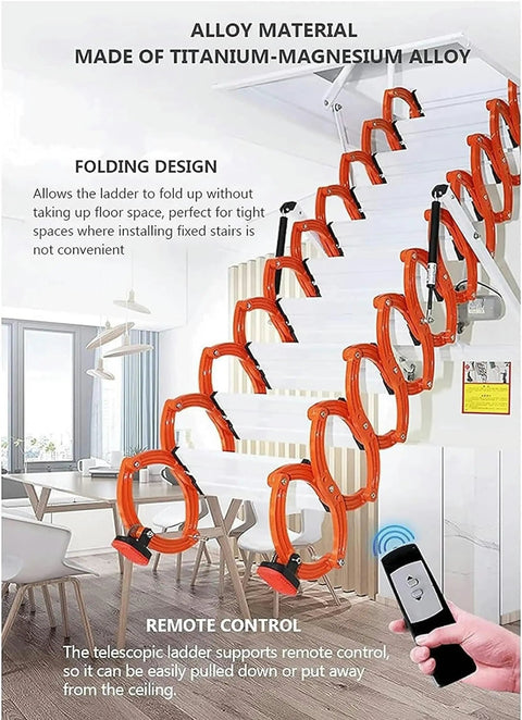 Heavy Duty Aluminum Attic Ladder Pull Down Ceiling Access With Non Slip Steps Folding Telescopic Design Smooth Glide and Rock Solid Build No Sweat Setup Top Tier Alloy Frame Reliable Indoor Stair Workhorse in a modern room.