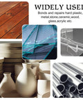 Collage showing materials bonded by 2 Part Epoxy Putty For Underwater Or Above Surface Repairs, including plastic, metal, ceramic.