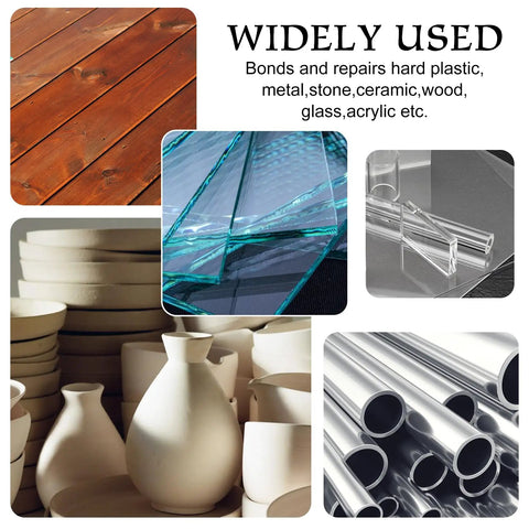 Two Part Epoxy Putty For Underwater And Above Water Repairs 8oz Pool Putty For Leaks Cracks Holes And Gaps Quick Set Sculpt Fill And Bond Metal Tile Concrete Plastic Ceramics Grey images of wood, glass, acrylic, ceramics, and metal showing material compatibility.