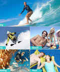 Collage of surfing, skiing, beach, snorkeling, and pool activities showing 4 Pack 8.5 Inch Waterproof Phone Pouches With Lanyard For Beach And Travel.
