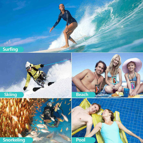 Collage of surfing, skiing, beach, snorkeling, and pool activities showing 4 Pack 8.5 Inch Waterproof Phone Pouches With Lanyard For Beach And Travel.