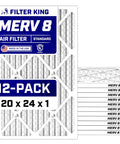 MERV 8 20x24x1 air filter 12-pack for HVAC and furnace, dust and allergy control, pleated electrostatic filter, made in USA packaging.