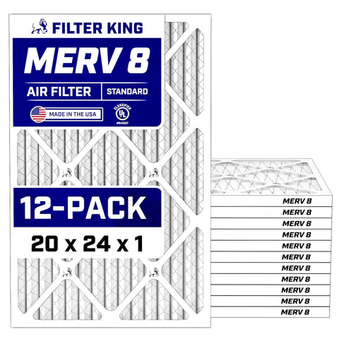 MERV 8 20x24x1 air filter 12-pack for HVAC and furnace, dust and allergy control, pleated electrostatic filter, made in USA packaging.