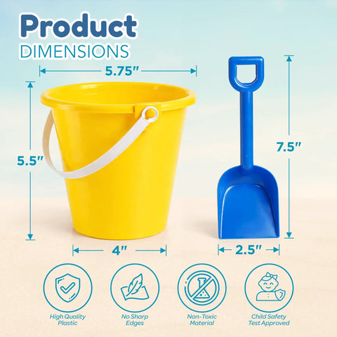 12 Pack Kids Beach Buckets And Shovels Set Five Point Five Inch Small Sand Toys For Summer Outdoor Play Bulk Party Favors Classroom Gifts End Of Year Teacher Gift, dimensions chart showing yellow bucket and blue shovel heights and sizes.