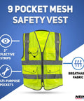 Built Different Neon Yellow Safety Vest With ANSI Class Two Reflective Striping And Nine Roomy Pockets For Construction Teams And Roadside Pros Wanting Top Shelf Coverage Locked In On Every Job Site, front view with multi-purpose pockets.