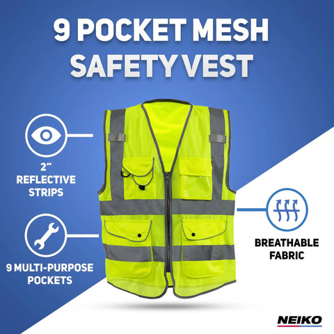 Built Different Neon Yellow Safety Vest With ANSI Class Two Reflective Striping And Nine Roomy Pockets For Construction Teams And Roadside Pros Wanting Top Shelf Coverage Locked In On Every Job Site, front view with multi-purpose pockets.