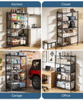 Heavy Duty 5-Tier Rolling Storage Shelves With Wheels, Portable And Collapsible Wire Steel Organizer For Garage, Kitchen, Pantry And Closet, Matte Black, Quick 5-Second Setup, Durable Display Unit For Instant Organization shown in kitchen, closet, garage, and office