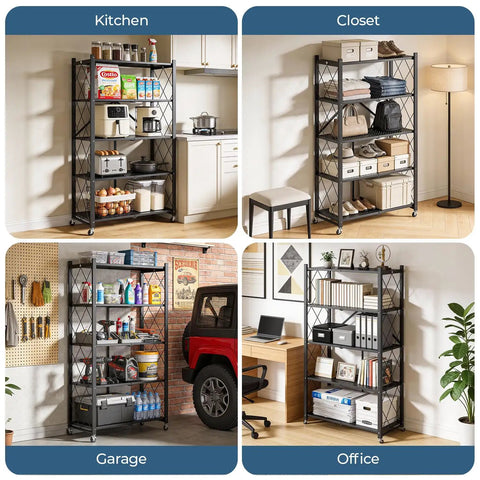 Heavy Duty 5-Tier Rolling Storage Shelves With Wheels, Portable And Collapsible Wire Steel Organizer For Garage, Kitchen, Pantry And Closet, Matte Black, Quick 5-Second Setup, Durable Display Unit For Instant Organization shown in kitchen, closet, garage, and office
