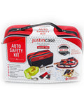 Compact Car Emergency Roadside Kit With Grab And Go Jumper Cables Tow Strap LED Flashlight Gloves First Aid Kit displayed in packaging.