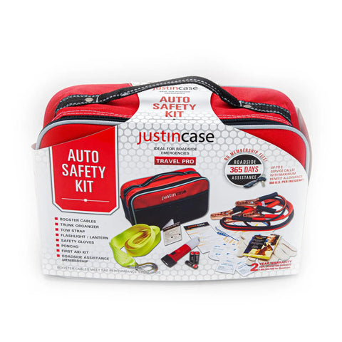Compact Car Emergency Roadside Kit With Grab And Go Jumper Cables Tow Strap LED Flashlight Gloves First Aid Kit displayed in packaging.