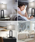 Set Of 2 Modern Touch Control Table Lamps with USB Ports for nightstands in a bedroom setting, gray fabric shade.