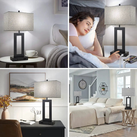 Set Of 2 Modern Touch Control Table Lamps with USB Ports for nightstands in a bedroom setting, gray fabric shade.