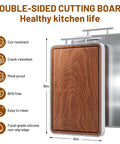 Two In One Titanium And Ebony Wood Cutting Board With Handle And Juice Groove, showing double-sided design with safety features.