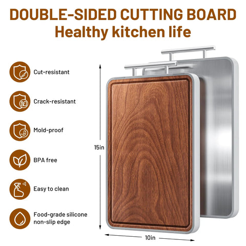 Two In One Titanium And Ebony Wood Cutting Board With Handle And Juice Groove, showing double-sided design with safety features.