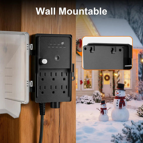 Outdoor Dusk To Dawn Stake Timer Power Hub With Six Outlets weatherproof on wall with snowman and Christmas decoration view