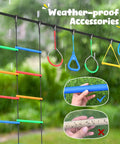 65-Foot Ninja Warrior Obstacle Course For Kids With Swing And 11 Obstacles For Backyard Tree Slackline Jungle Gym Outdoor Playset showing colorful ladder and rings
