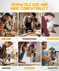 Various drills being used in different woodworking and repair scenarios, showcasing versatility and wide compatibility.