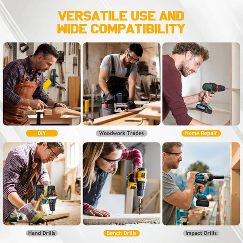 Various drills being used in different woodworking and repair scenarios, showcasing versatility and wide compatibility.