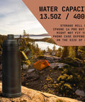 Sneaky 13.5oz Water Bottle With Dope Hidden Wallet Pocket in outdoor setting, iPhone 14 Pro slot visible, black BPA-free design.