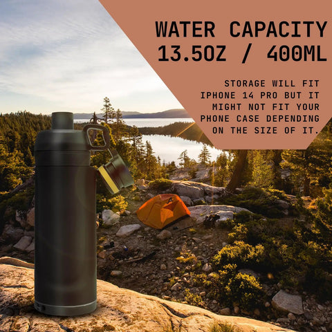 Sneaky 13.5oz Water Bottle With Dope Hidden Wallet Pocket in outdoor setting, iPhone 14 Pro slot visible, black BPA-free design.