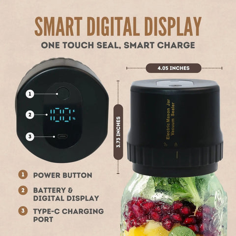 All-New 2026 Electric Mason Jar Vacuum Sealer Kit with smart digital display and Type-C charging port, dimensions 4.05x3.73 inches.