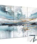 Six Pack Art Acoustic Panels 72 By 48 Inches Large Self Adhesive Soundproof Wall Panels For Recording Studio And Living Room Decor Decorative Sound Absorbing Wall Art Panels Lake Of The Sky showing abstract design in blue and gold tones.