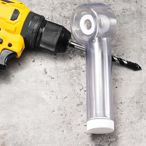 Heavy Duty Drywall Dust Collector Attachment For Drill Bits Straight Up Debris Capture mounted on a drill with clear plastic design.