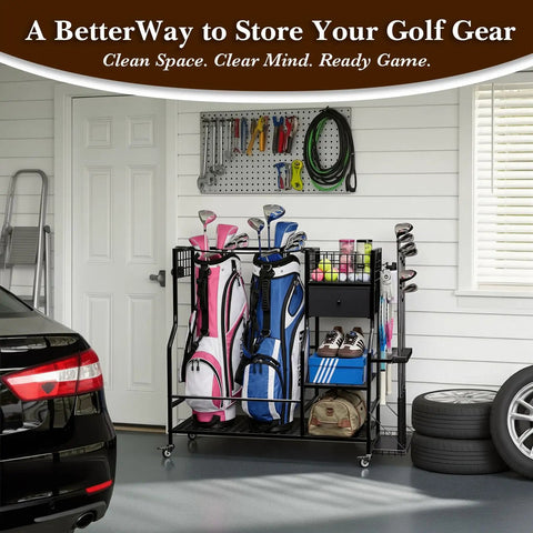 Garage Golf Bag Organizer And Storage Rack With 6 Club Slots Wheels Fabric Drawer And Hooks Holds 2 Golf Bags And Accessories