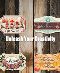 Four floral-themed 6 pack 8 inch sublimation door hangers with double sided aluminum blanks against a wooden background.
