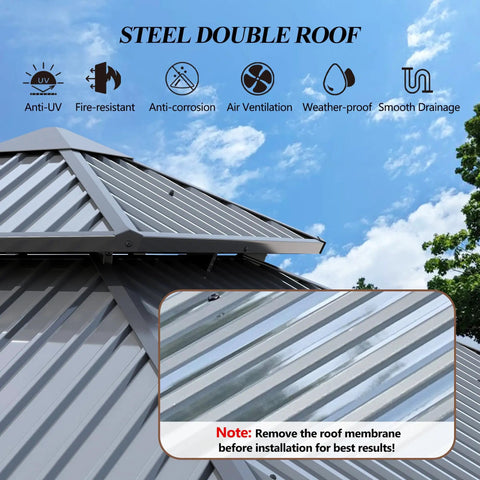 Close-up of steel double roof on 8.5 By 8.5 Ft Outdoor Hardtop Gazebo With Double Roof, Heavy Duty Aluminum and Steel Top.