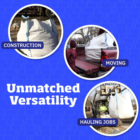Heavy Duty Builder Bulk Bags 200 Gallon White Woven Polypropylene Trash Bags For Demolition And Construction Jobs, Holds Up To 2200 Lbs Per Bag, Open Top Design, Pack Of 3 shown in versatile use for construction, moving, and hauling jobs.