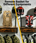 Heavy Duty Wall Mounted Helmet Rack With 4 Hanging Hooks, Drawer And Mesh Basket holding helmets, gear, and jackets, durable black